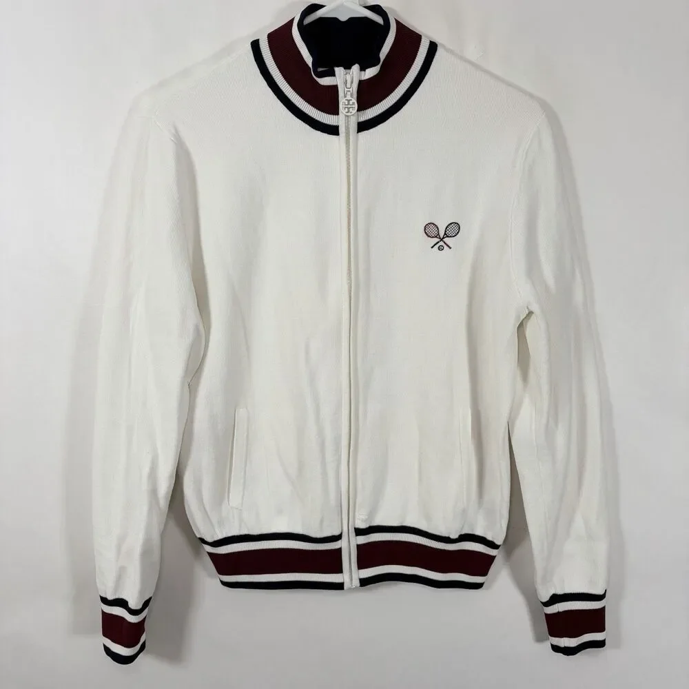 Tory Burch Sport Full Zip Tennis Sweater Jacket Womens Medium White Cotton Blend